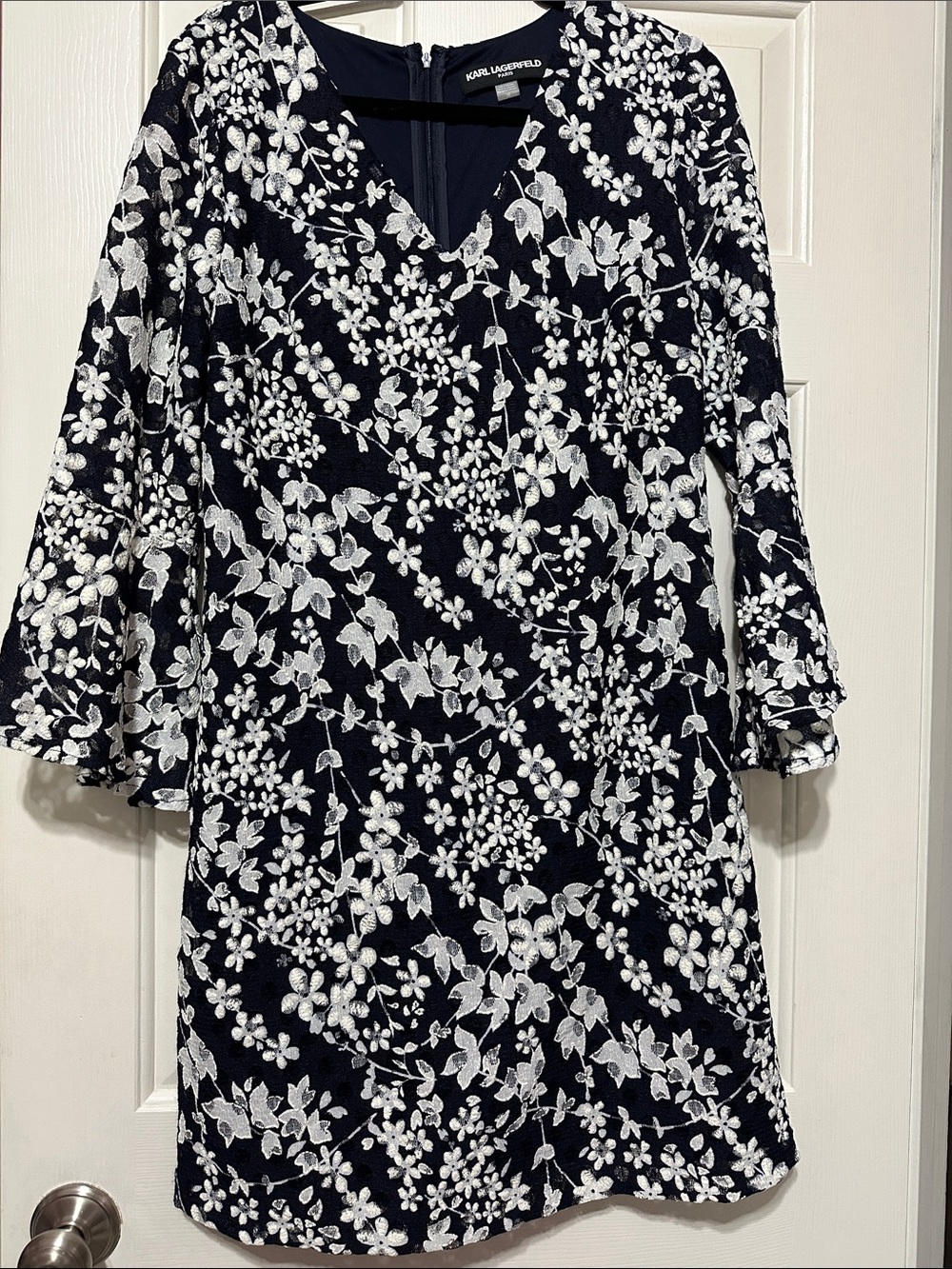 Karl Lagerfeld Navy and White Floral flare Sleeve Dress